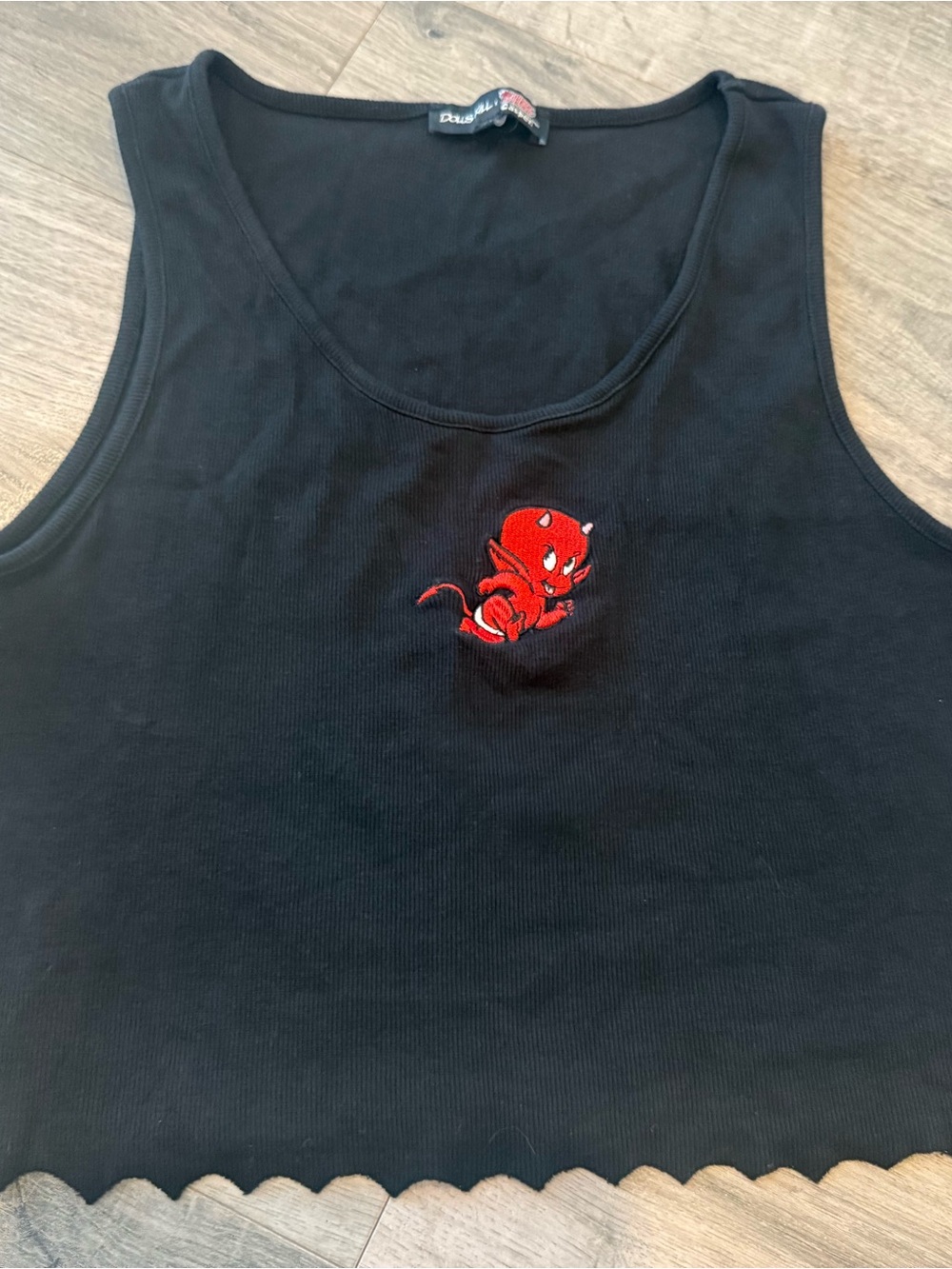 Dolls Kill Black Ribbed Tank with Red Embroidered Logo featuring Hot Stuff